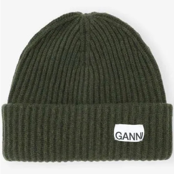 Olive Green GANNI Oversized Wool Rib Knit Beanie - Picture 2 of 5